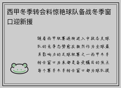 西甲冬季转会料惊艳球队备战冬季窗口迎新援