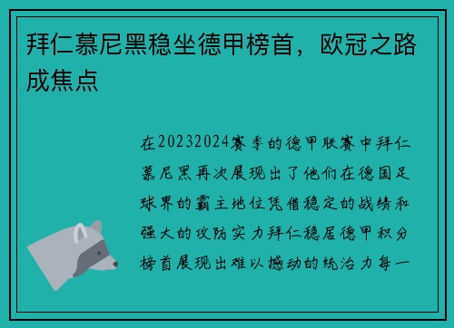 拜仁慕尼黑稳坐德甲榜首，欧冠之路成焦点